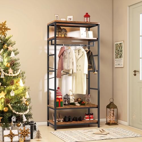 YITAHOME Coat Rack, Tall Hall Tree, Industrial Coat Rack Stand with with 4 Shelves, Floorstanding Clothes Rail with Shoe Storage, Garment Rack for Hallway, Living Room, Rustic Brown