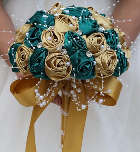 "Mhojpik Bridal Wedding Bouquet Round Bling Brooch Bouquet Throw Toss Artificial Rose Flower Bunch for Bride Bridesmaid Wedding Quinceanera(Dark Green & Gold, 7.5"")"