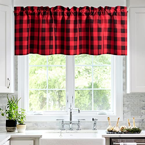 Hiasan Buffalo Plaid Curtains Valances for Windows - Semi Sheer Checkered Rod Pocket Valance for Living Room, Farmhouse, Bedroom, 60 x 18 Inches Length, Black and Red, 1 Panel