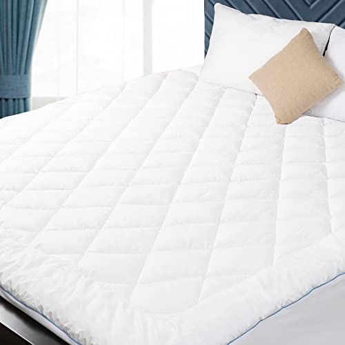 "HOMTEC Queen Mattress Pad, Cotton Mattress Pad Cover, Quilted Mattress Cover, 18-22"" Deep Pocket Mattress Protector Queen Size, Thin Down Alternative Filling, Noiseless & Breathable"