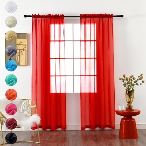 youleyar Solid Sheer Rod Pocket Curtain Voile Draperies 2 Panels White Beige Black Red Coffee 38 Inch Width 72 Inch Long 1 Pair for Kitchen Bedroom Children Living Room Yard(Red,38W???72L)