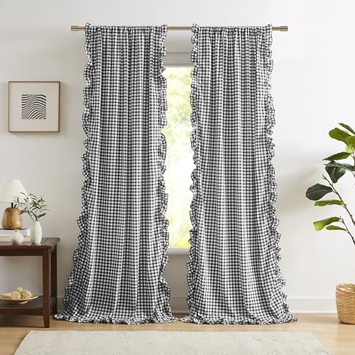 "ZJDECOR Black White Buffalo Plaid Rustic Curtain Panels 90 Inches Length - Not-See-Through Sheer Ruffle Drapes for Bedroom Living Room,Shabby Chic Window Treatment,Rod Pocket,40""Wx90""L(Pack of 2)"
