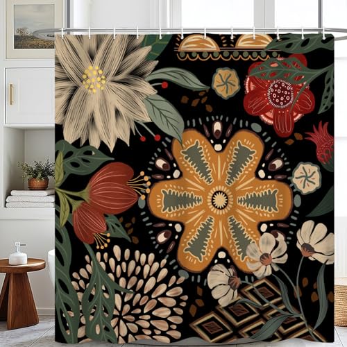dnldliq Boho Floral Shower Curtain Tropical Plant Design Bathroom Curtain Mid Century Modern Abstract Bohemian Flower Shower Curtain Waterproof Decor Fabric with Hooks 72x72