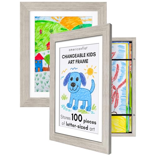 Americanflat - 2 Pack - Kids Artwork Display Frame Changeable (Driftwood) - Magnetic Door Holds 100 Art Pieces - A4 Size Display with Mount or 10x12.5 Without Mount - My Mini Masterpiece