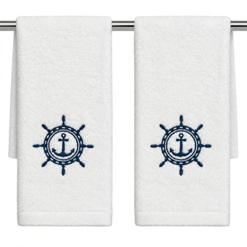 "Serafina Home Summer Soft Absorbent Bathroom Coastal Guest Embroidered Fingertip Towels: Nautical Captain's Wheel Design, 2 Piece 12"" x 18"" Inches"