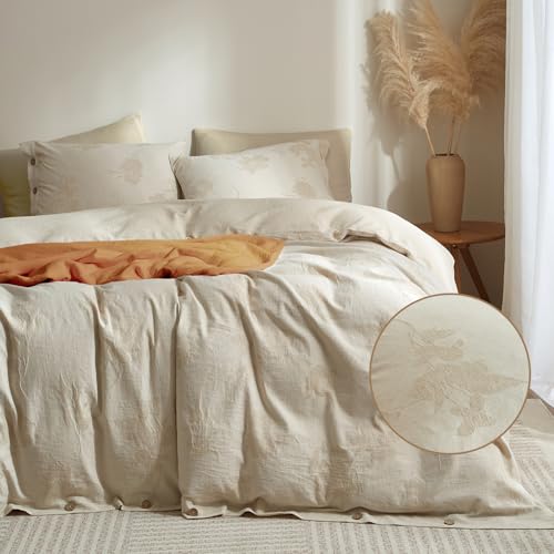 "mixinni King Duvet Cover Set - 70% Cotton 30% Linen Blend, Bohemian Floral Jacquard 3-Piece Comforter Cover with 2 Pillowcases, Soft Breathable Lightweight Bedding Set (104""x90""), Almond Milk Grey"