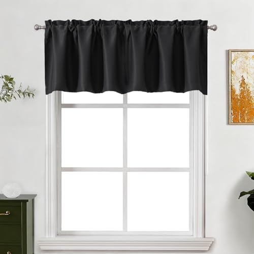 "Lecloud Black Valance for Windows 18 Inch Length, Privacy Thermal Insulated Blackout Curtains, Short Modern Drapes with Rods Pocket for Kitchen Basement Laundry Room Bedroom, 60"" W x 18"" L 1 Panel"