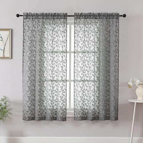"Chyhomenyc Charcoal Grey Short Curtains 45 Inch Length 2 Panels, Light Filtering Leaf Textured Window Curtain Panels for Bedroom Living Room, Elegant Rod Pocket Farmhouse Curtains, 30"" Wx45 L, 2 PCS"