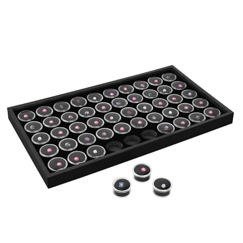 Ikee Design Black Foam Gem Jars Showcase Stackable Display Tray for Collectibles, Home Organization Storage Box with 50 Gemstones and Bead Storage Jars