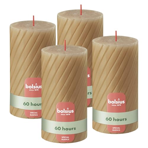 Bolsius Rustic Pillar Candles – Ribbed – Beige – Set of 4 – 13 cm – Decorative Household Candles – Made with Natural Plant-Based Wax – Palm Oil Free