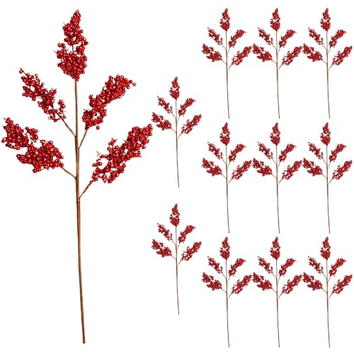 Christmas Tree Berry Picks, Small Glitter Berry Stems, 50cm Red, 12Pcs - Glitter Berry Clusters, Artificial Branches for Wreaths, Garlands, Vases, Table Centrepieces, Festive Floral Arrangements