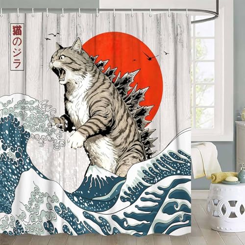 JAWO Funny Cat Shower Curtain, Japanese Ocean Wave Cat Fun Shower Curtain Nautical Kids Children Rustic Wooden Farmhouse Shower Curtains, 54X72inch