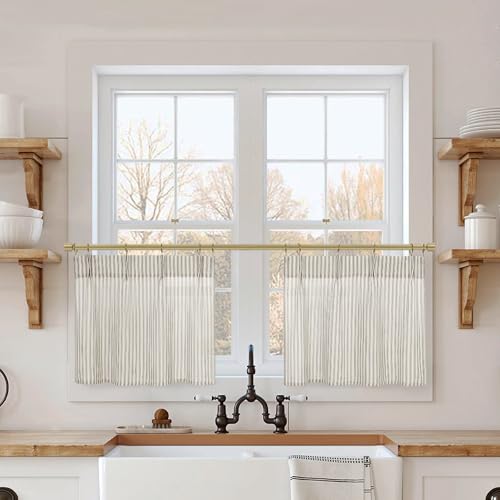 Lino Rosa 12 Inch Curtains Length,Cafe Striped Linen Farmhouse Sheer Small Window Curtains for Kitchen Bathroom,24 x 12 Inch Long 2 Panels Set