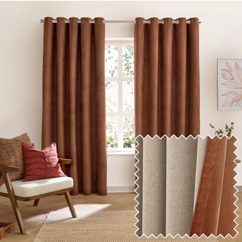 furn. Verso Blackout Eyelet Curtain Pair – Reversible Ring Top Light Blocking Suede Drapes (Cinnamon - 229x183cm)