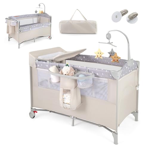 GYMAX 5 in 1 Folding Travel Cot, Portable Baby Bed Playard (Beige) - Diaper Changer, Music Box, Mattress, Safety Strap, Side Zipper Entrance, Infant Bassinet Nursery Center for Newborn