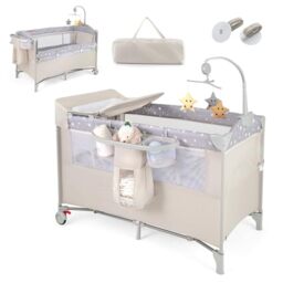 GYMAX 5 in 1 Folding Travel Cot, Portable Baby Bed Playard (Beige) - Diaper Changer, Music Box, Mattress, Safety Strap, Side Zipper Entrance, Infant Bassinet Nursery Center for Newborn