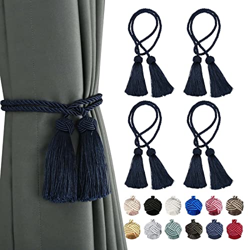BEL AVENIR 4 Pack Curtain Tiebacks Handmade Decorative Curtain Holdbacks Rope with Tassel- Navy