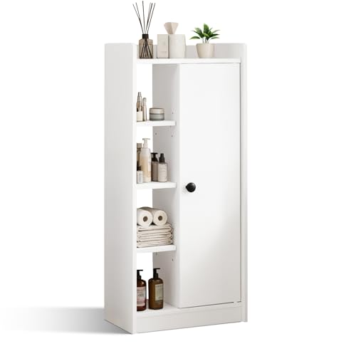 Feonase Bathroom Storage Cabinet, Slim Bathroom Storage Unit with 4 Open Storage Shelves, Adjustable Shelf & Magnetic Door, Bathroom Cabinets Free Standing For Small Space, White
