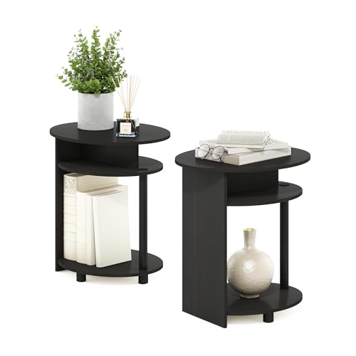 Furinno JAYA Side Table Set of 2, 3-Tier Round End Table with Oval Tabletop, Night Stand, Bedside Table with Open Shelf, for Living Room, Bedroom, WALNUT
