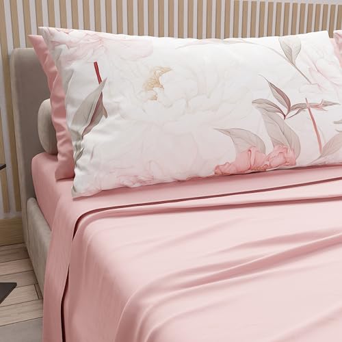 PETTI Artigiani Italiani - Cotton Sheets with Pillowcases in Digital Print, Double Bed Sheet, Complete Bed Set, Peony, 100% Made in Italy