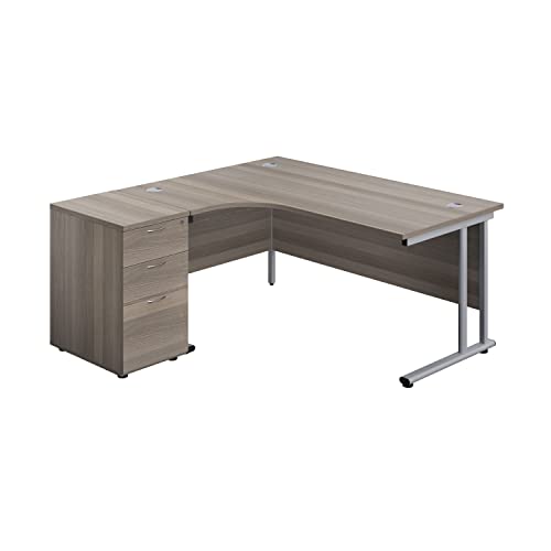 Office Hippo Heavy Duty Left Corner Radial Desk With 3 Drawer High Storage, Home Office PC Filing, 5 Yr Wty, MFC- Grey Oak, Silver Frame