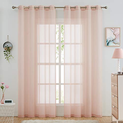 July Joy Semi Linen Look Sheer Curtains for Bedroom, Living Room Grommet Light Filtering Solid Voile Window Curtains, Set of 2 Panels (52 x 84 inch, Blush)