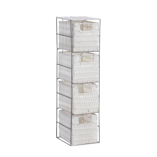 Home Source Bathroom Chest of Drawers, 4 White Seagrass Storage Baskets, Silver Metal Frame, 65cm
