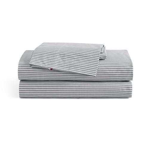 Tommy Hilfiger - Sheet Set, Cotton Percale Bedding with Matching Pillowcase, Crisp & Cool, Premium Quality Home Essentials (Highland Ticking Stripe Navy, Twin)