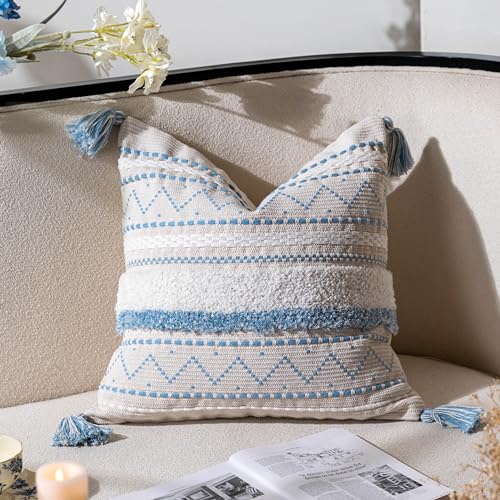 BlissBlush Decorative Square Decorative Cushion Cover without Insert, Boho/Maritime Cushion Cover, Neutral Cushion in Country Style with Tassels for Couch, Sofa, Bedroom, Living Room, Home Decor