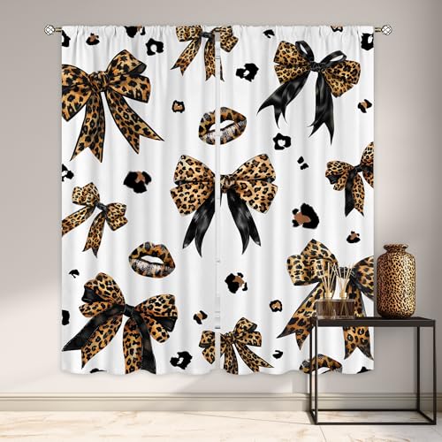 "Leopard Print Bow Woman Girls Bownot Living Room Bedroom Window Curtains - 42""W x 63""L Retro Cheetah fade-proof print, 2 panels, rod pocket, easy to install and washable."