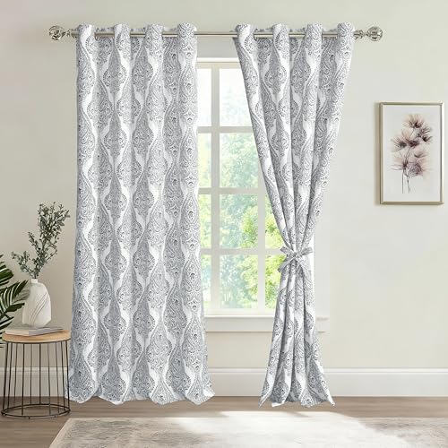 JIUZHEN White and Grey Damask Blackout Curtains for Bedroom??? Noise Reducing Thermal Insulated Grommet Curtains for Living Room, W 52 x L 96 Inch, 2 Panels with Tiebacks