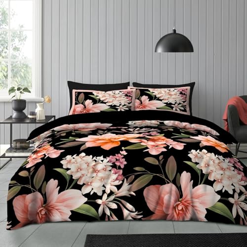 GC GAVENO CAVAILIA Floral Duvet Cover Double - 3 Piece Botanical Microfiber Bedding Black Duvet Cover Sets With Pillow Cases - Super Soft Washable & Reversible Plain Quilt Cover Set - (200x200 Cm)