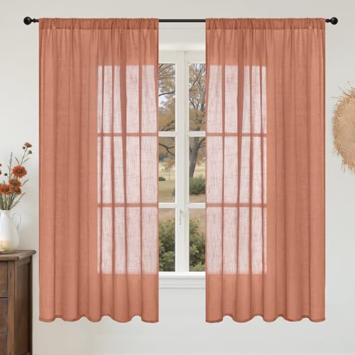 BGment Terracotta Linen Curtains 63 Inches Long for Living Room, Semi Sheer Window Drapes Rustic Textured for Bedroom Dining Room Decor with Rod Pocket Lightweight, 2 Panels Set, Each 52 Inch Wide
