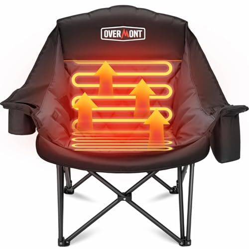 OVERMONT Oversized XL Heating Camping Folding Chair for Adults - 450lbs Support Heavy-Duty Padded Folding Chair with Side Pocket Cup Holder for Outdoor Sports Garden Beach Fishing Lawn Black