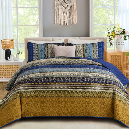 "WONGS BEDDING Boho Quilt Set Queen Size, Bohemian Striped Bedspread Coverlet Set with 2 Pillow Shams, Blue Brown Quilt Bedding Set for Farmhouse Bedroom (Queen, 96""x90"")"