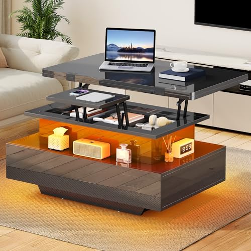 YITAHOME Lift Top Coffee Table, Extendable, With LED, High Gloss, Black