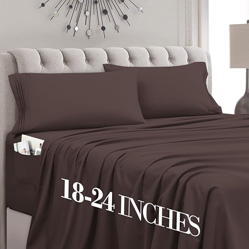 Mocassi Twin Size 4-Piece Bed Sheet Set - 1800 Premium Hotel Quality Microfiber 18-24 Inches Extra Deep Pocket Fitted Sheet- Luxury Soft, Breathable, Wrinkle, and Fade Resistant, Brown