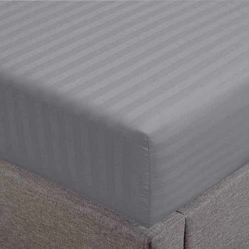 Feather & Stitch 1 Piece Fitted Sheet Twin Size, 100% Cotton Damask Sateen Weave, Striped Breathable, Stretchable Elastic Sheet for Mattress 18 inch Deep Pocket, 500TC Premium Ultra Soft - Grey