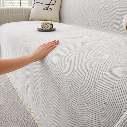 "HAOMAIJIA Non Slip Couch Cover Sofa Covers for 3 Cushion Couch Washable sectional Couch Covers for Dogs pet Furniture Protector Couch Cover Blanket for Living Room (Off White, 91""x118"")"