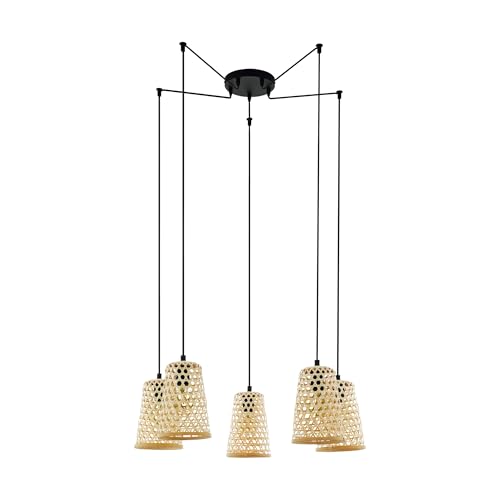 Eglo Claverdon Pendant Light, 5-Bulb Hanging Lamp Vintage Style, Natural, Boho, Hygge, Steel and Wood in Black and Natural Tones, Dining Table Lamp, Hanging Living Room Light with E27 Socket