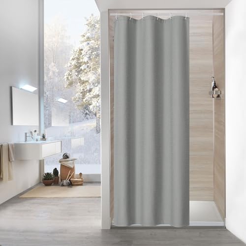 MitoVilla Grey Waffle Small Stall Shower Curtain 36 x 72, Farmhouse Half Size Shower Curtain Liner, Fabric Narrow Shower Curtains for Bathroom Decor, 36 inch Waffle Weighted Shower Curtain Set, Gray