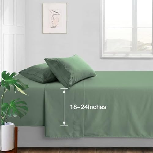 "Manyshofu Extra Deep Pocket King Size Sheets - Hotel Luxury 1800 Thread Count Sheets & Pillowcases - Microfiber Bedding Set up to 24"" Mattress - Sage Green Bed Sheets 18-24 Inch Deep Pockets - 4 Piece"