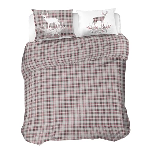 PENSIERI DELICATI 100% Cotton Flannel Double Duvet Cover Set, 250 x 200 cm Bag and Pillowcase 52 x 82 cm, Made in Italy, Machine Washable at 40 Degrees, Red Deer Design