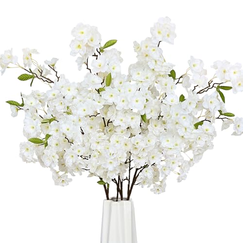 Sunm Boutique White Cherry Blossom Flowers, Artificial Cherry Blossom Decor Faux Cherry Blossom Branches Vase Arrangements for Wedding Home Party Kitchen Decor, Set of 3