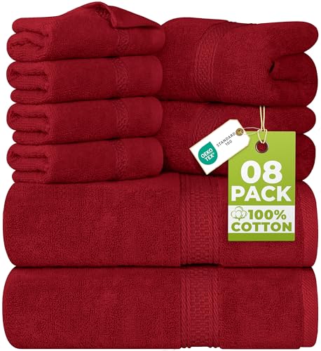 Utopia Towels 8 Piece Towel Set - 2 Bath Towels, 2 Hand Towels and 4 Washcloths Cotton Hotel Quality Super Soft and Highly Absorbent (Red)