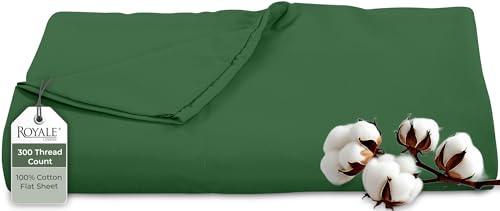 Royale Linens 300 Thread Count 100% Long Staple Combed Cotton Flat Sheet Only - Super Soft - Top Sheets - King Flat Sheets Sold Separately - Cool & Crisp Percale Top Sheet Only (King, Hunter Green)