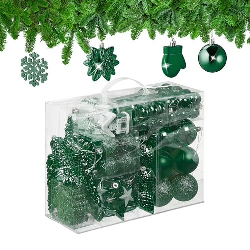 Relaxdays 100x Christmas Ornaments, Baubles, Glittering, Matte & Shiny, Tree Decorations, Plastic, 10 Designs, Green
