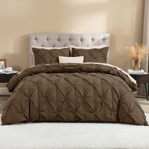 Litanika Brown King Duvet Cover, 3 Pieces Pinch Pleat Cover - Soft Polyester, Pintuck Bedding Set with Zipper Closure & Corner Ties(1 Duvet Cover, 2 Pillowcases)