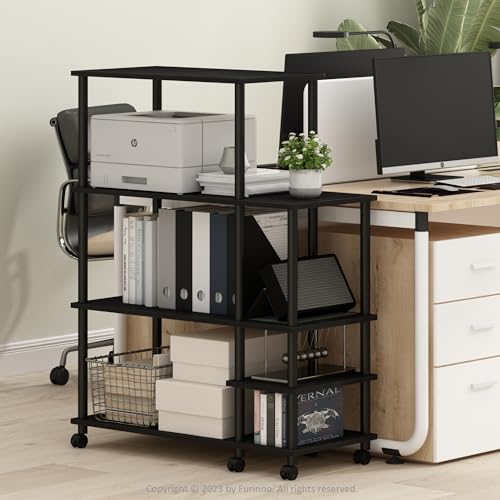 Furinno TURN-N-TUBE Printer Stand, Wide 4-Tier Printer Table with with Storage Shelf and Casters, Open Frame Standing Shelf, for CPU, Office Supplies, Home Office, Dark Americano