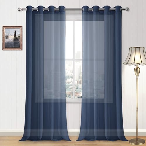 DWCN Navy Blue Faux Linen Sheer Curtains - Grommet Voile Window Curtain Drapes for Bedroom Living Room 52 x 108 inch Length, Set of 2
